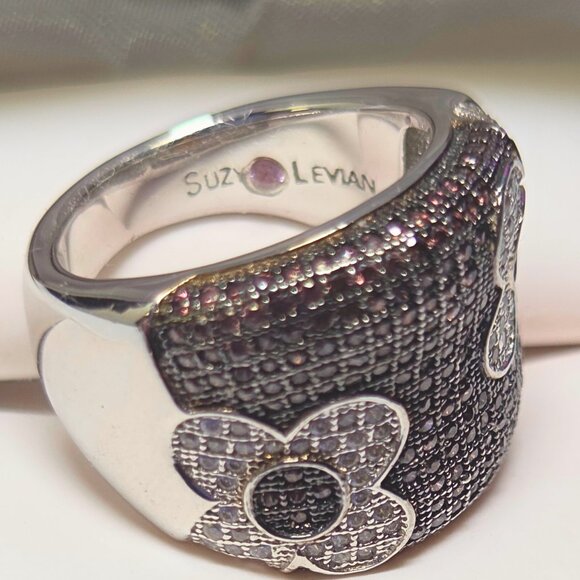 Suzy Levian Brown & White CZ Sterling Silver Floral Pavé-Set Ring - Size 6 - Picture 2 of 7